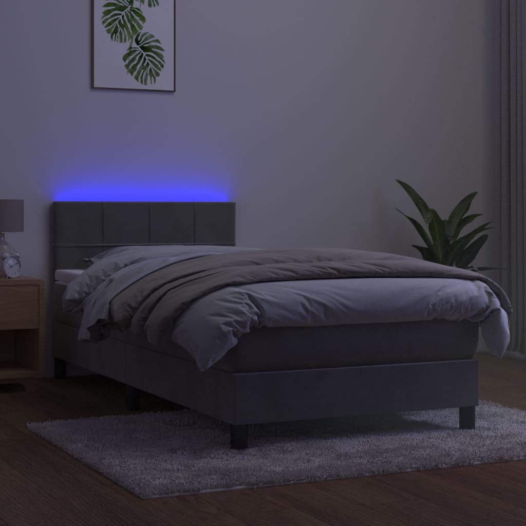 Krevet box spring s madracem LED svjetlosivi 90x200 cm baršun