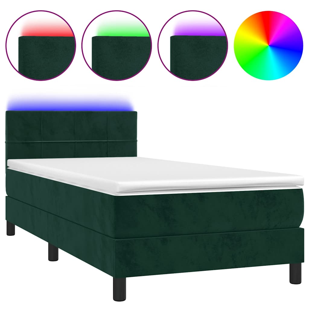 Krevet box spring s madracem LED tamnozeleni 90x200 cm baršun