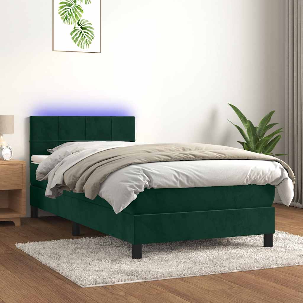 Krevet box spring s madracem LED tamnozeleni 90x200 cm baršun