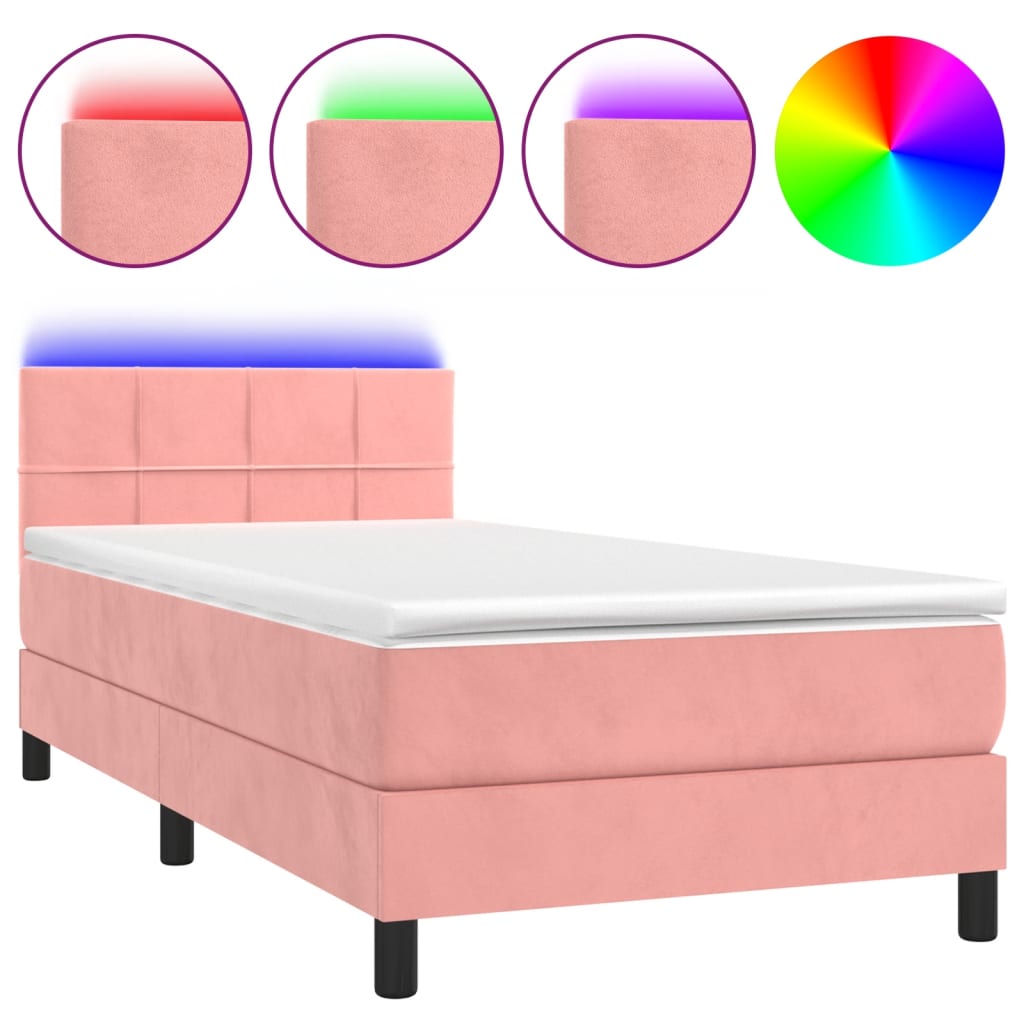 Krevet box spring s madracem LED ružičasti 90x200 cm baršunasti