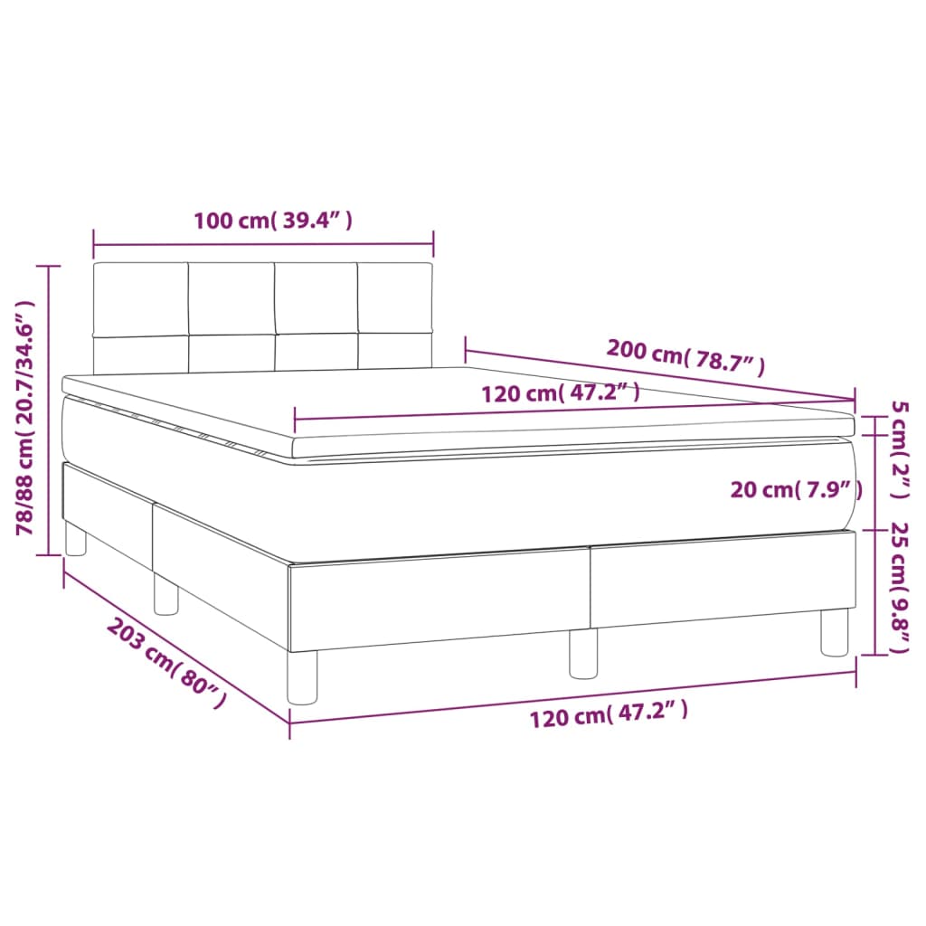 Krevet box spring s madracem LED svjetlosivi 120x200 cm baršun