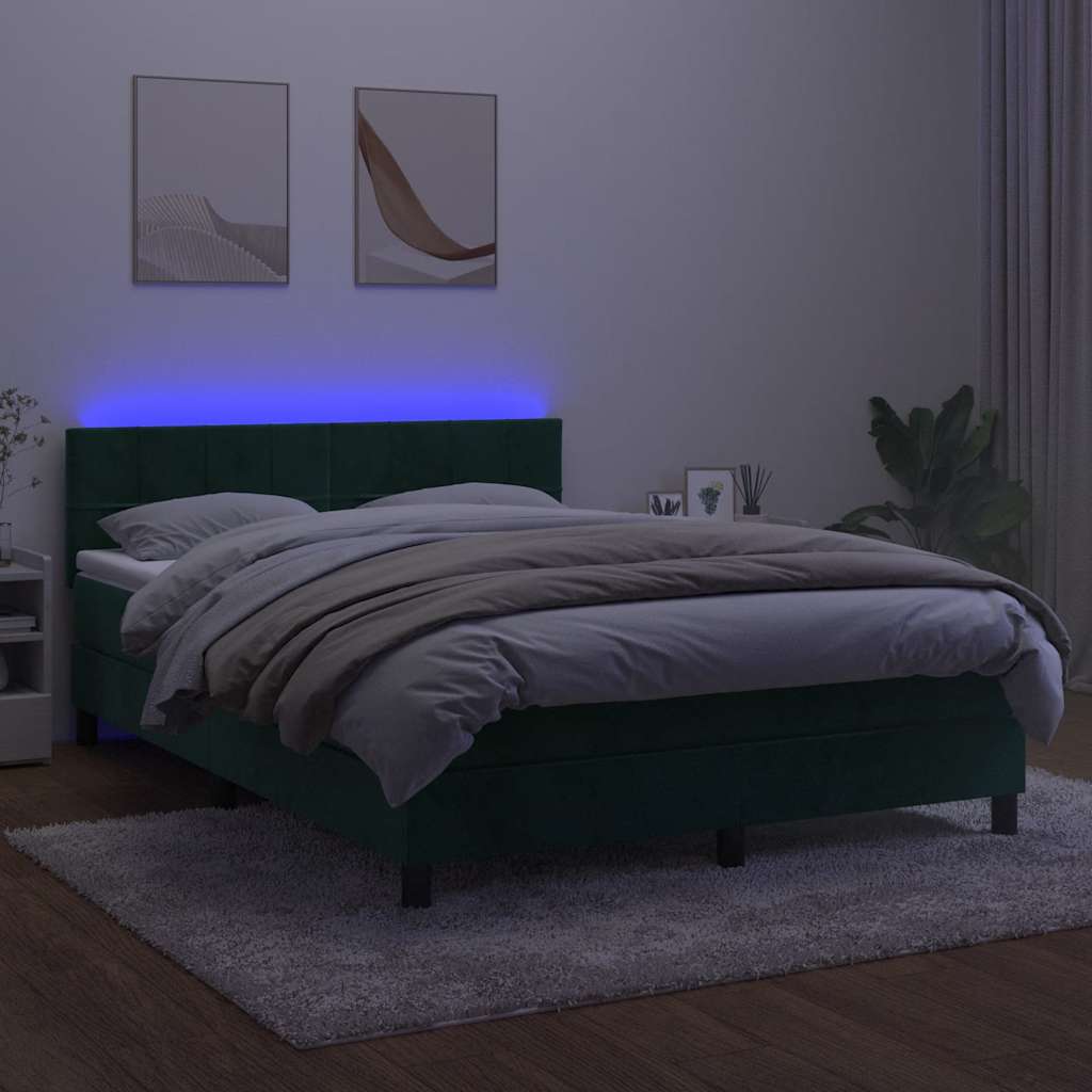 Krevet box spring s madracem LED tamnozeleni 140x200 cm baršun