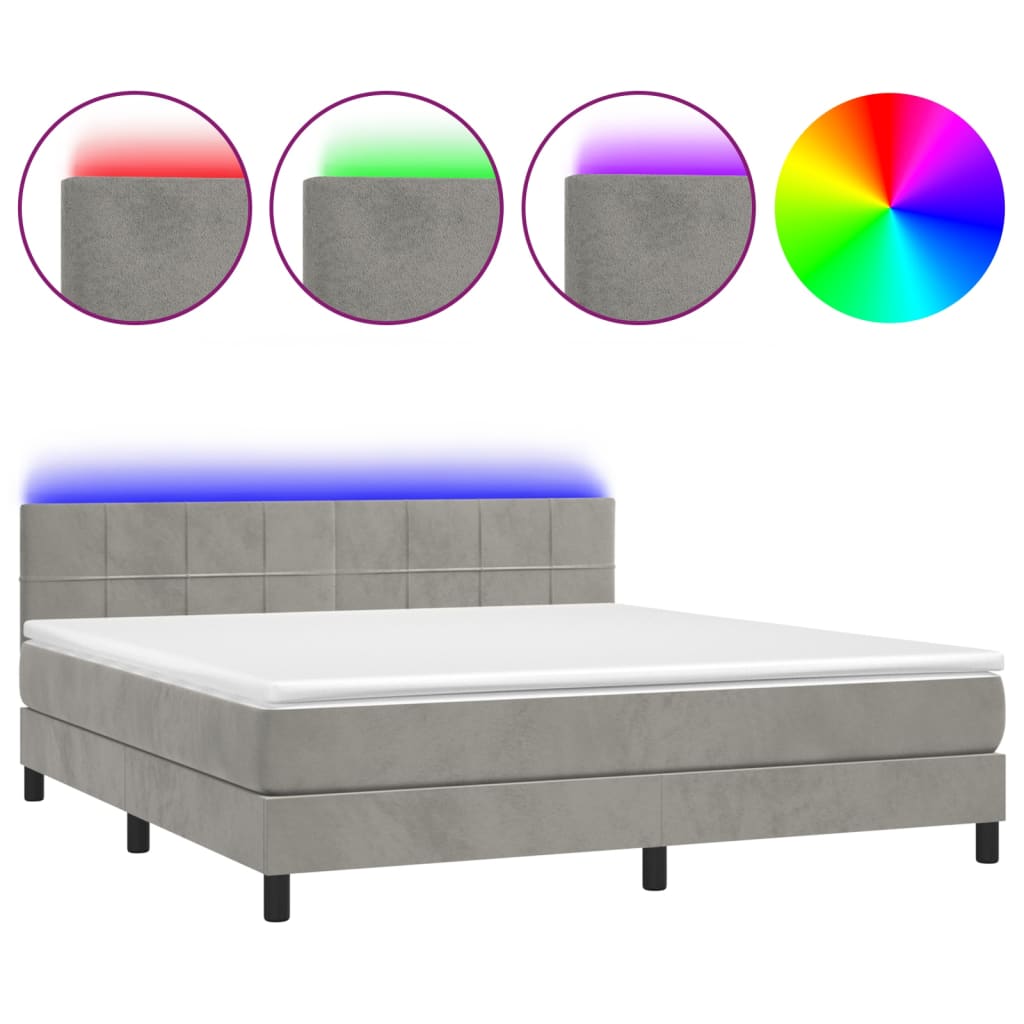 Krevet box spring s madracem LED svjetlosivi 160x200 cm baršun