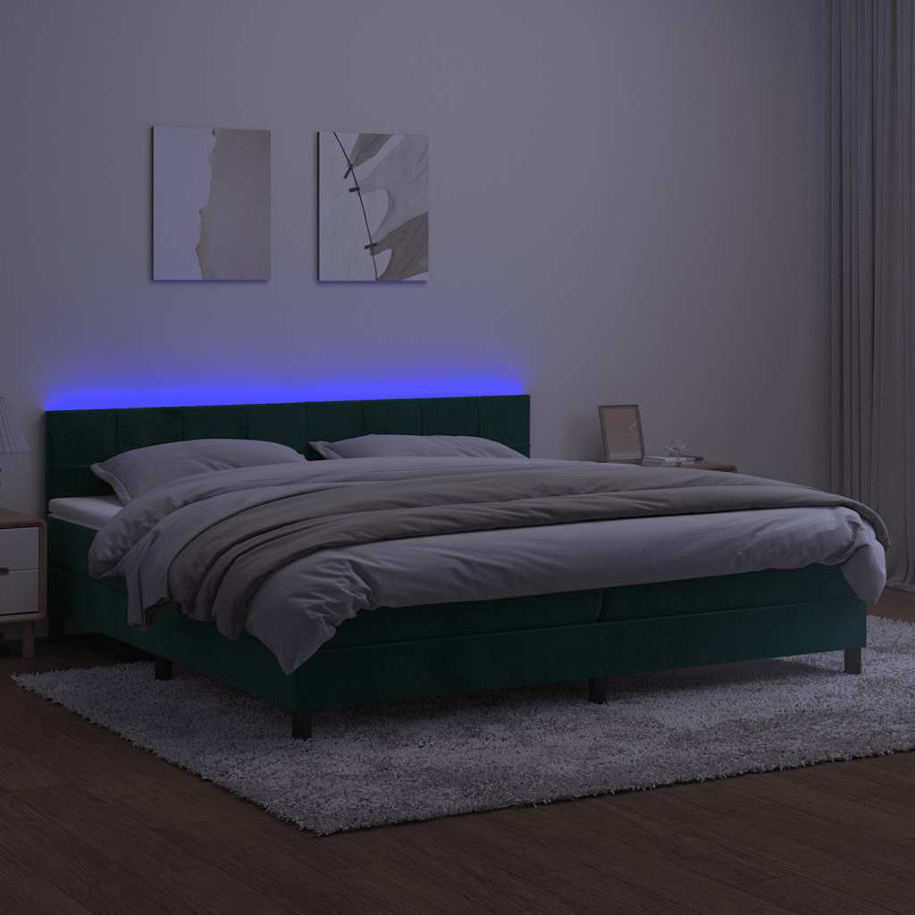 Krevet box spring s madracem LED tamnozeleni 200x200 cm baršun