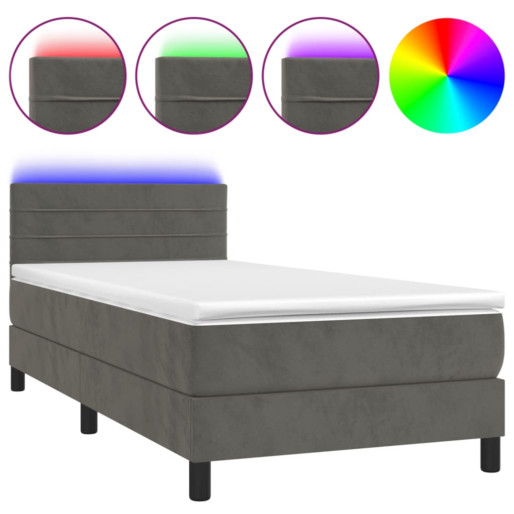 Krevet box spring s madracem LED tamnosivi 90x190 cm baršun