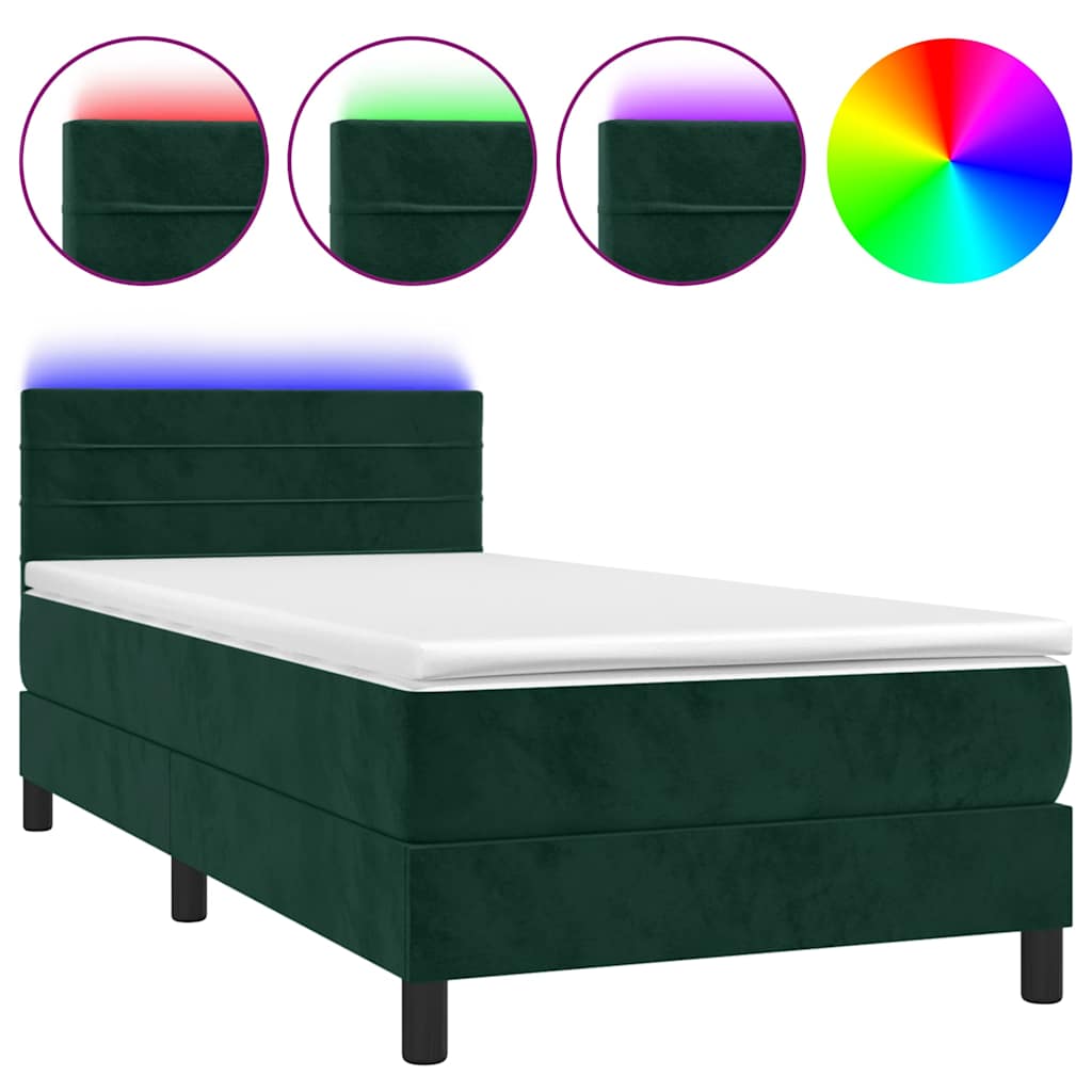 Krevet box spring s madracem LED tamnozeleni 90x190 cm baršun