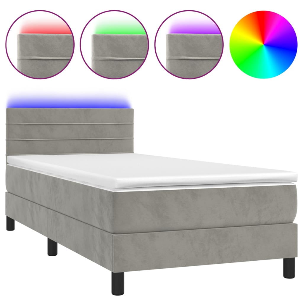Krevet box spring s madracem LED svjetlosivi 90x200 cm baršun