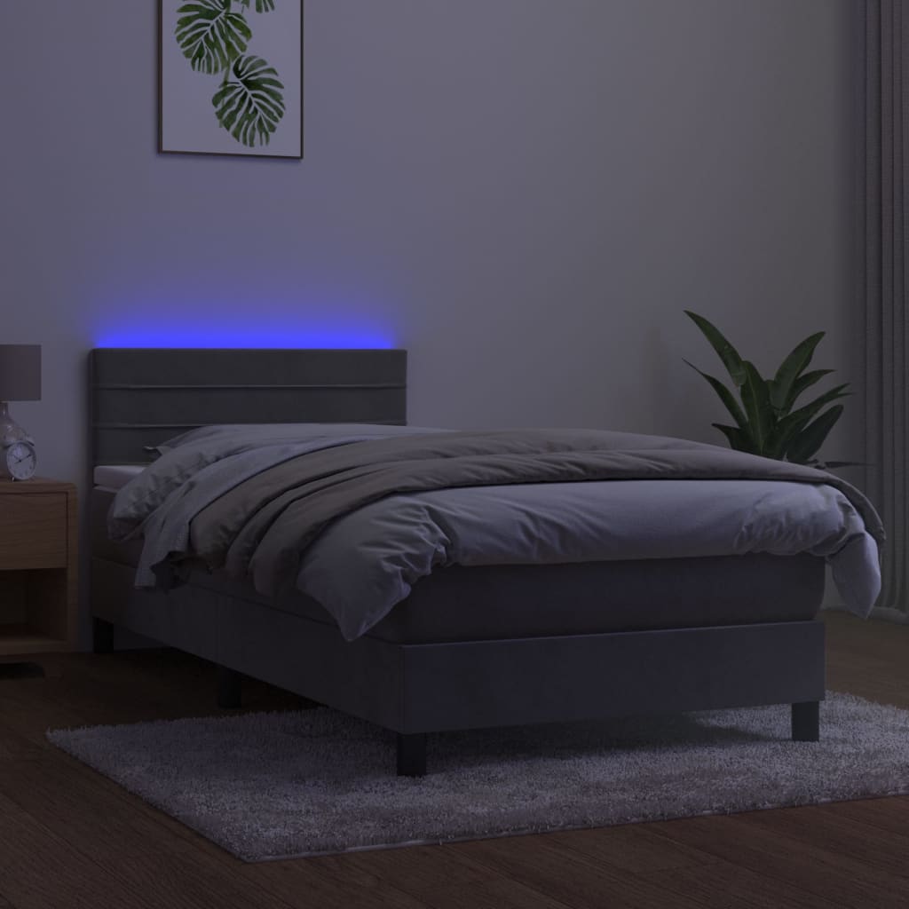 Krevet box spring s madracem LED svjetlosivi 90x200 cm baršun