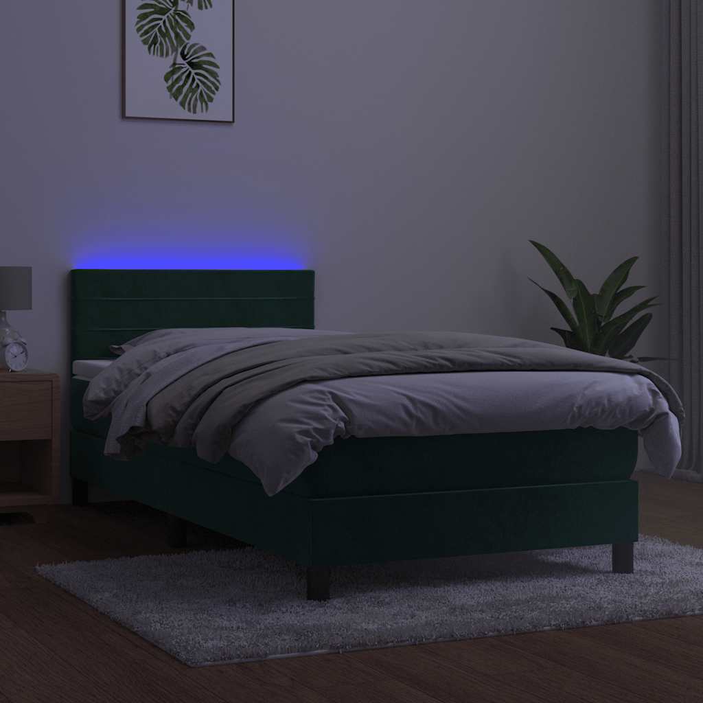 Krevet box spring s madracem LED tamnozeleni 90x200 cm baršun