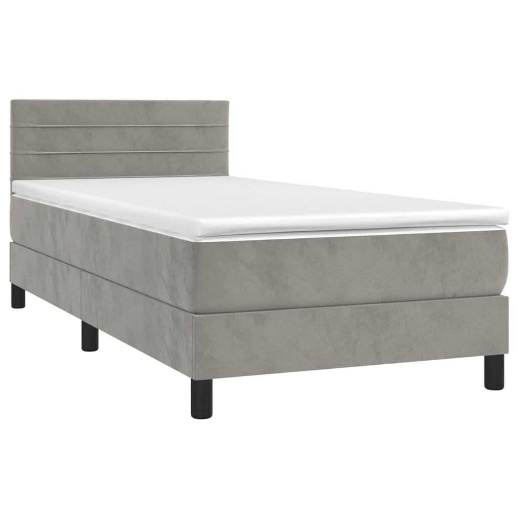 Krevet box spring s madracem LED svjetlosivi 100x200 cm baršun
