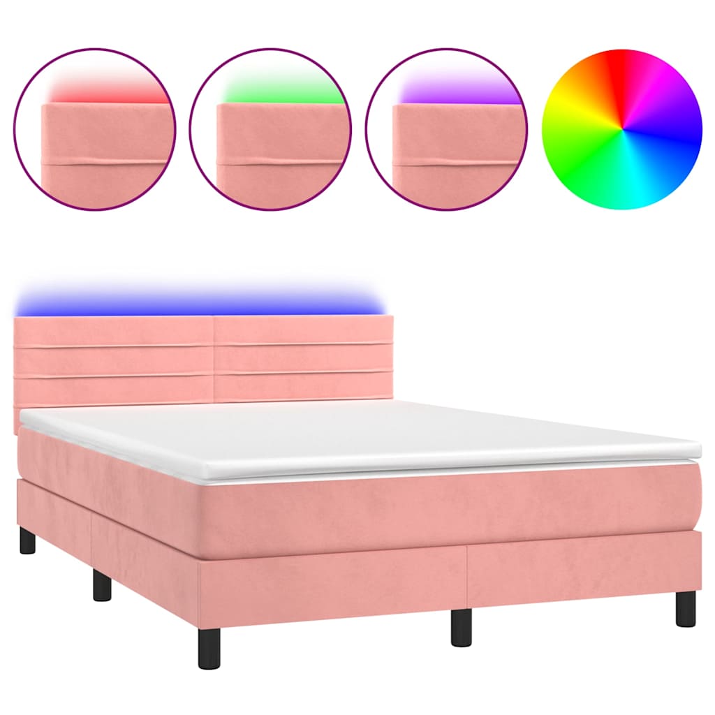 Krevet box spring s madracem LED ružičasti 140x190cm baršunasti