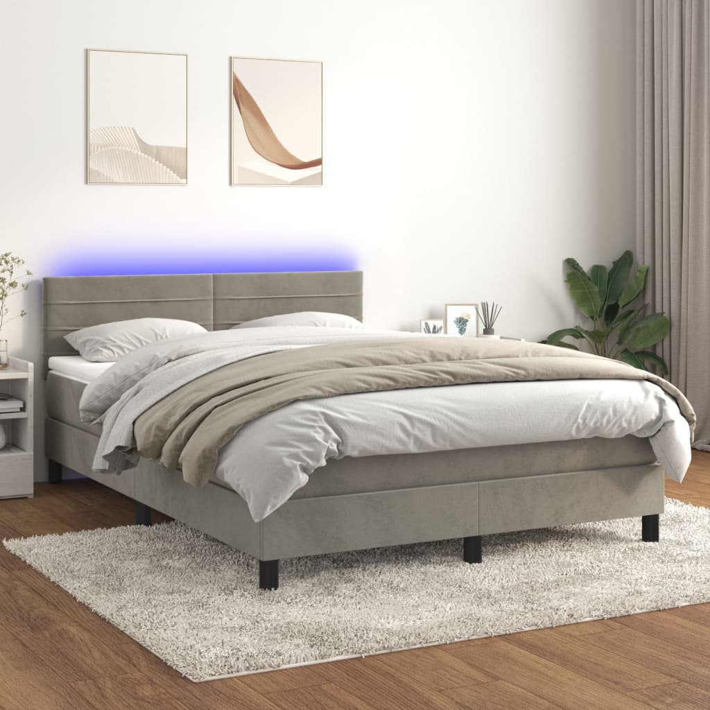 Krevet box spring s madracem LED svjetlosivi 140x200 cm baršun