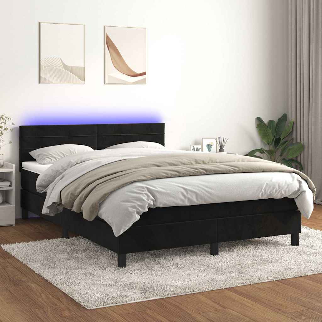 Krevet box spring s madracem LED crni 140x200 cm baršun