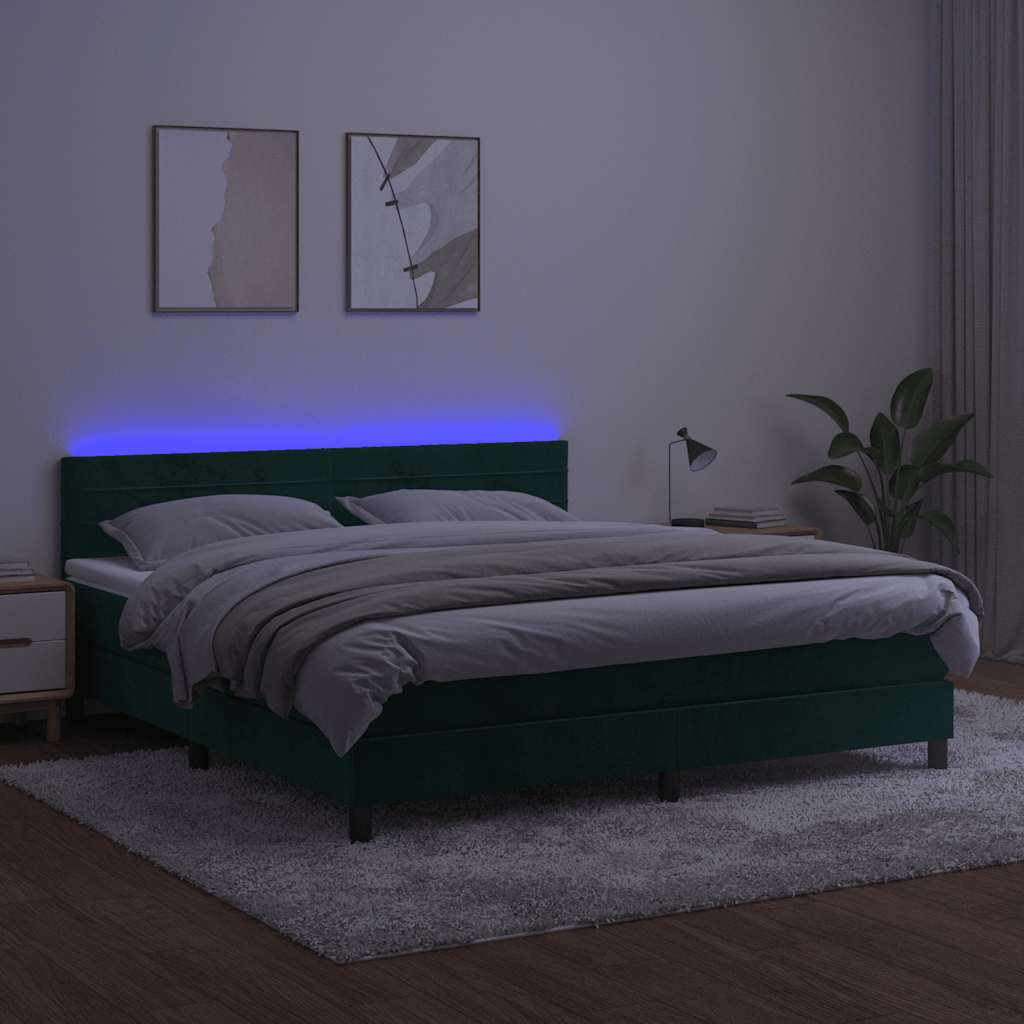 Krevet box spring s madracem LED tamnozeleni 160x200 cm baršun