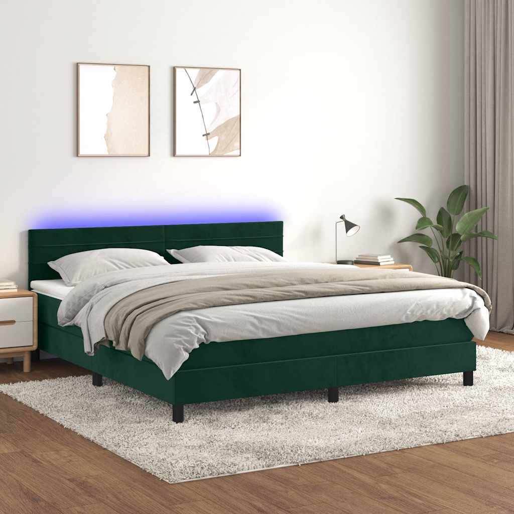 Krevet box spring s madracem LED tamnozeleni 160x200 cm baršun