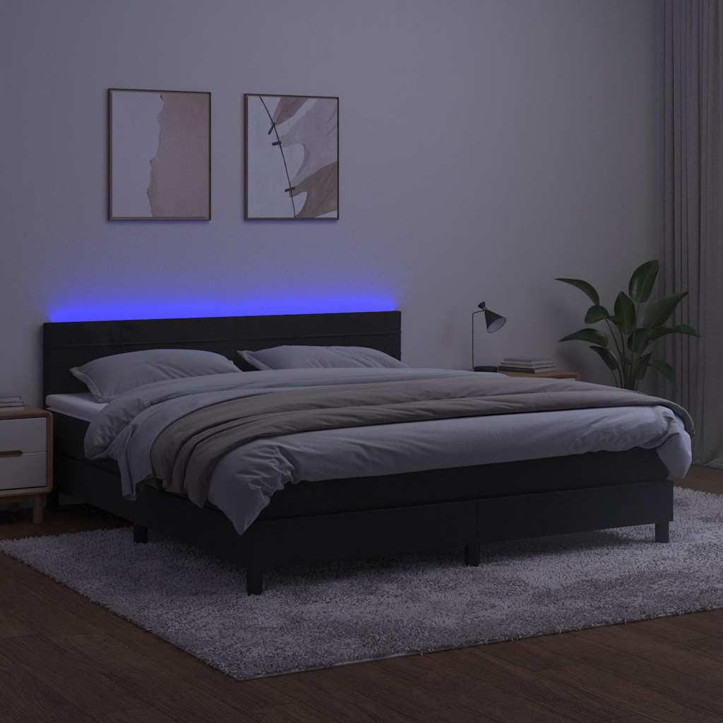 Krevet box spring s madracem LED crni 180x200 cm baršun