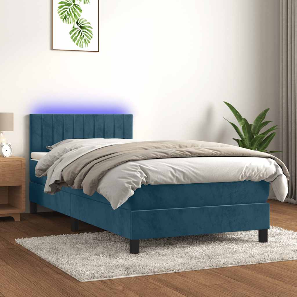 Krevet box spring s madracem LED tamnoplavi 90x190 cm baršun