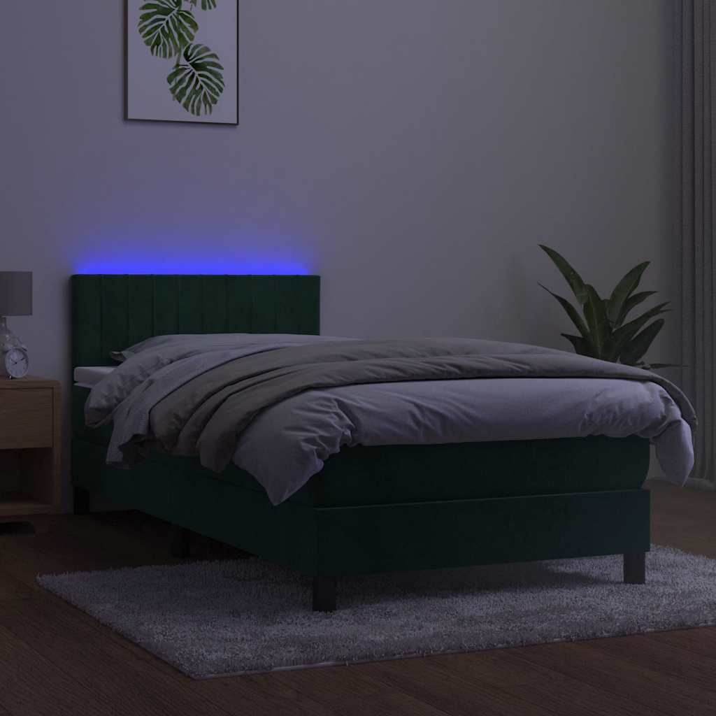 Krevet box spring s madracem LED tamnozeleni 90x200 cm baršun