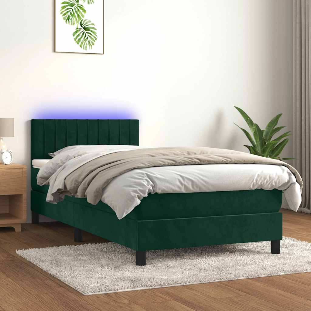 Krevet box spring s madracem LED tamnozeleni 90x200 cm baršun