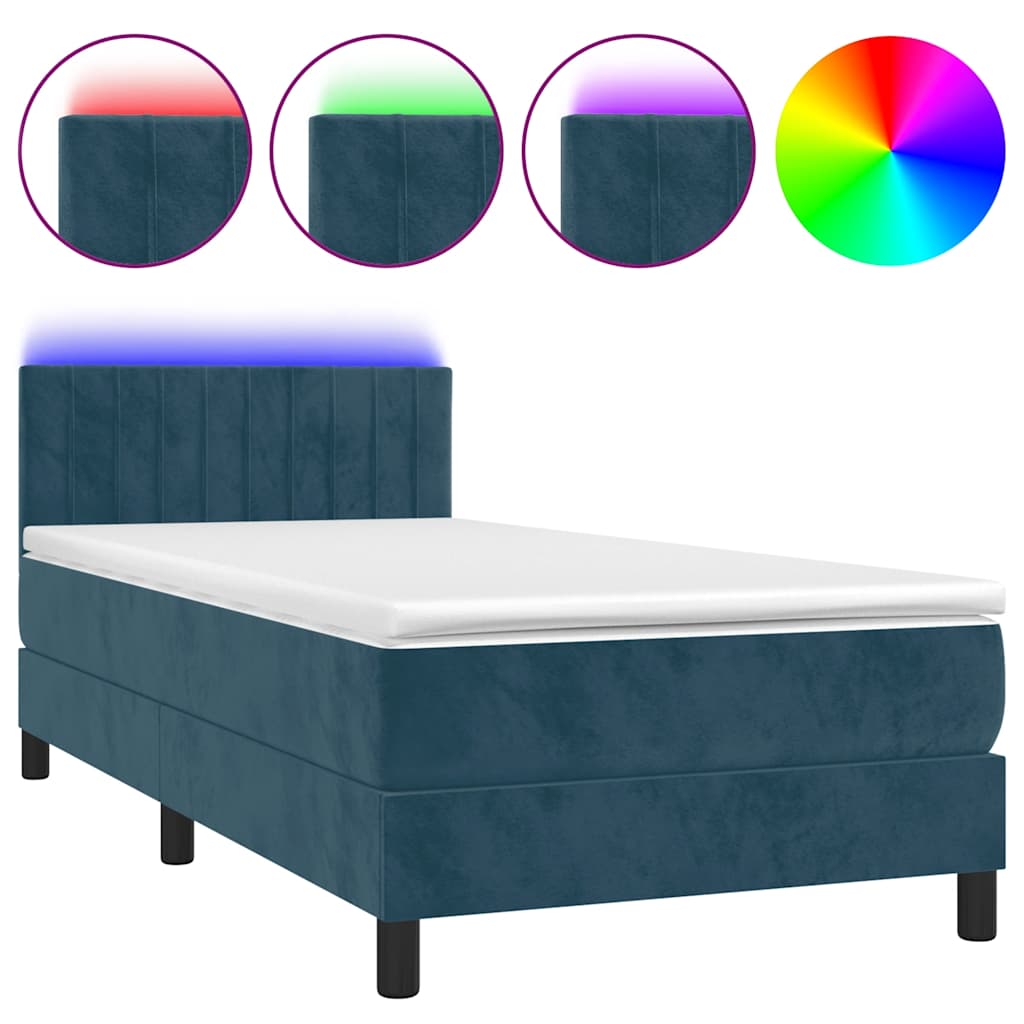 Krevet box spring s madracem LED tamnoplavi 90x200 cm baršun