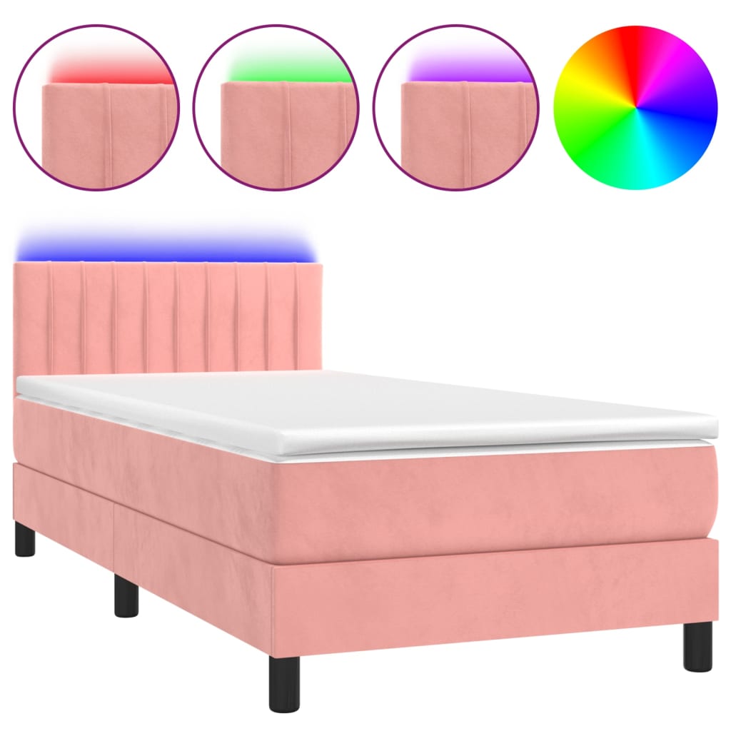 Krevet box spring s madracem LED ružičasti 90x200 cm baršunasti