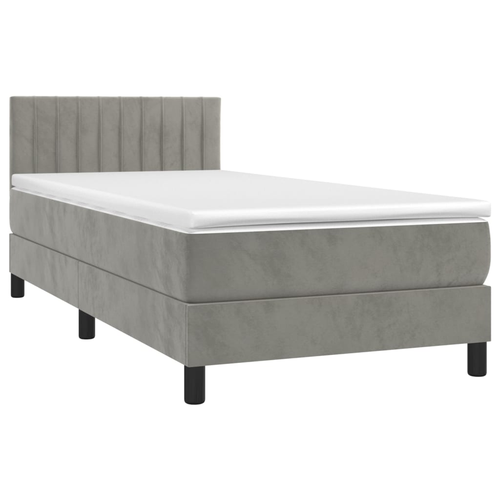 Krevet box spring s madracem LED svjetlosivi 100x200 cm baršun