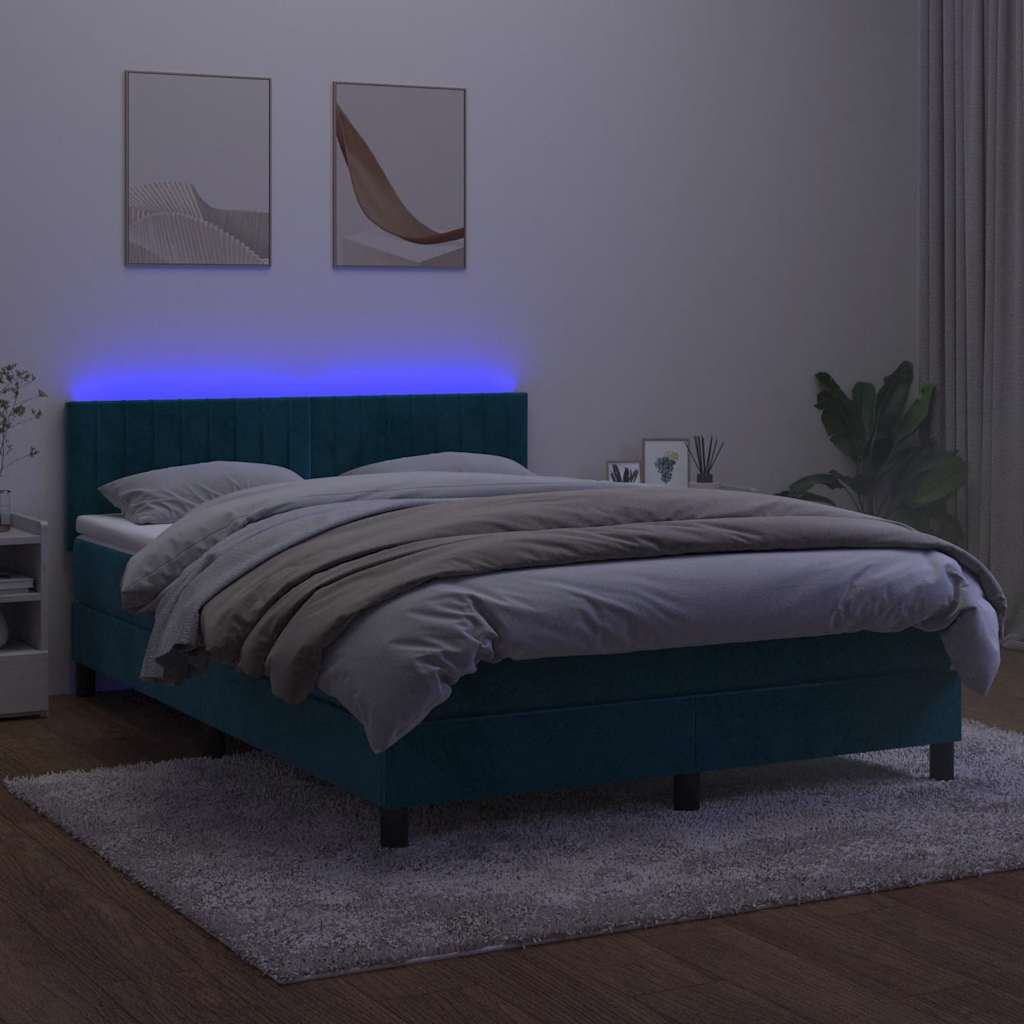 Krevet box spring s madracem LED tamnoplavi 140x190 cm baršun