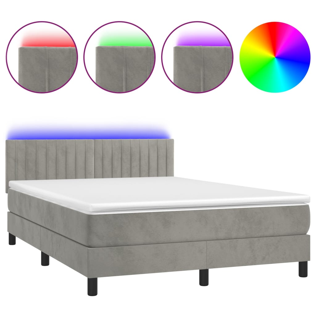 Krevet box spring s madracem LED svjetlosivi 140x200 cm baršun