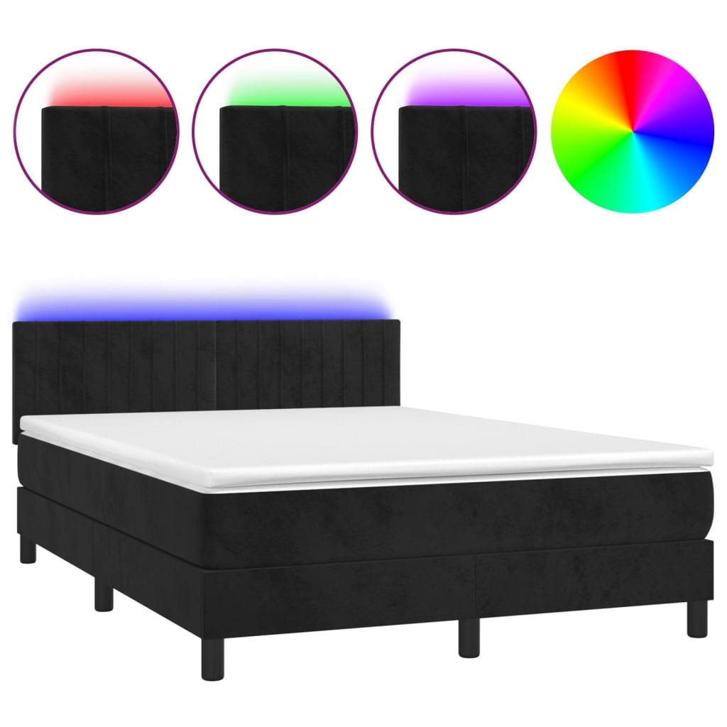 Krevet box spring s madracem LED crni 140x200 cm baršun