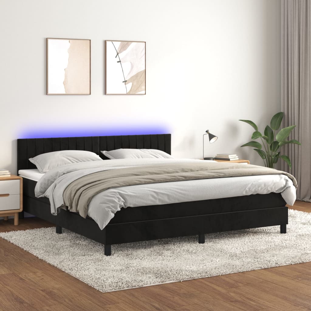 Krevet box spring s madracem LED crni 160x200 cm baršun