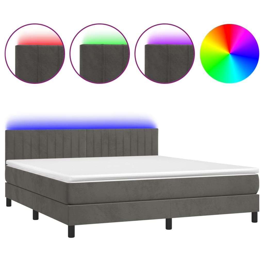 Krevet box spring s madracem LED tamnosivi 180x200 cm baršun
