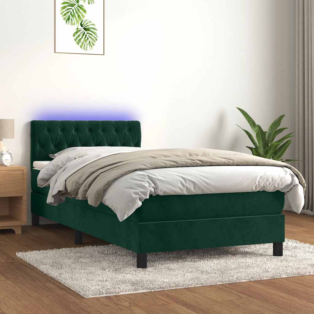 Krevet box spring s madracem LED tamnozeleni 90x190 cm baršun