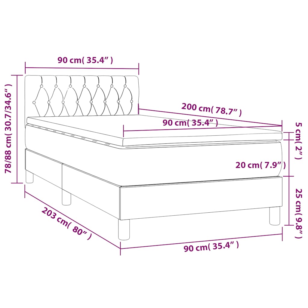 Krevet box spring s madracem LED crni 90x200 cm baršun