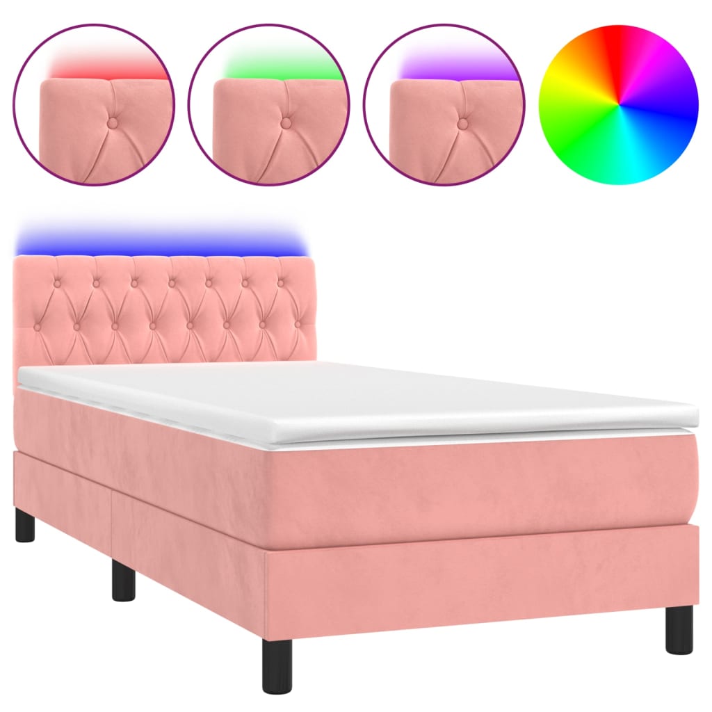 Krevet box spring s madracem LED ružičasti 90x200 cm baršunasti