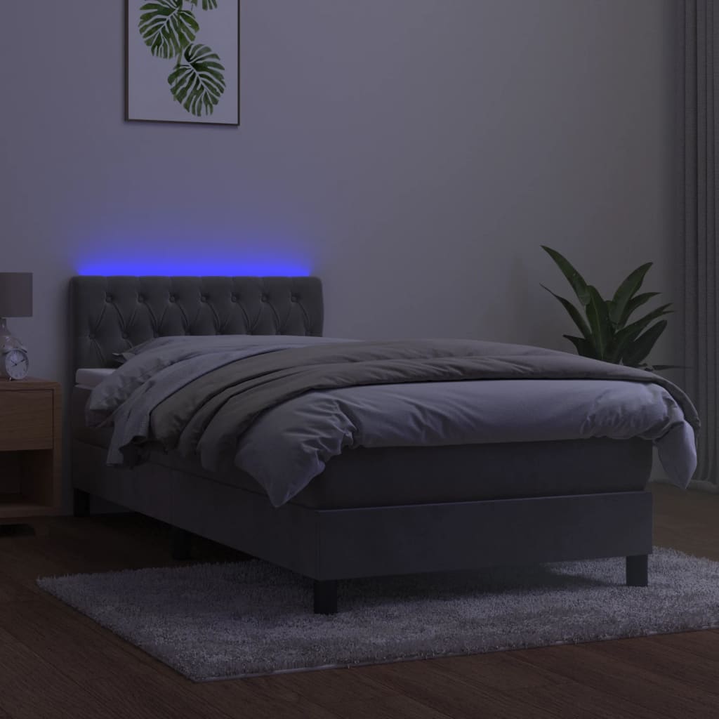 Krevet box spring s madracem LED svjetlosivi 100x200 cm baršun