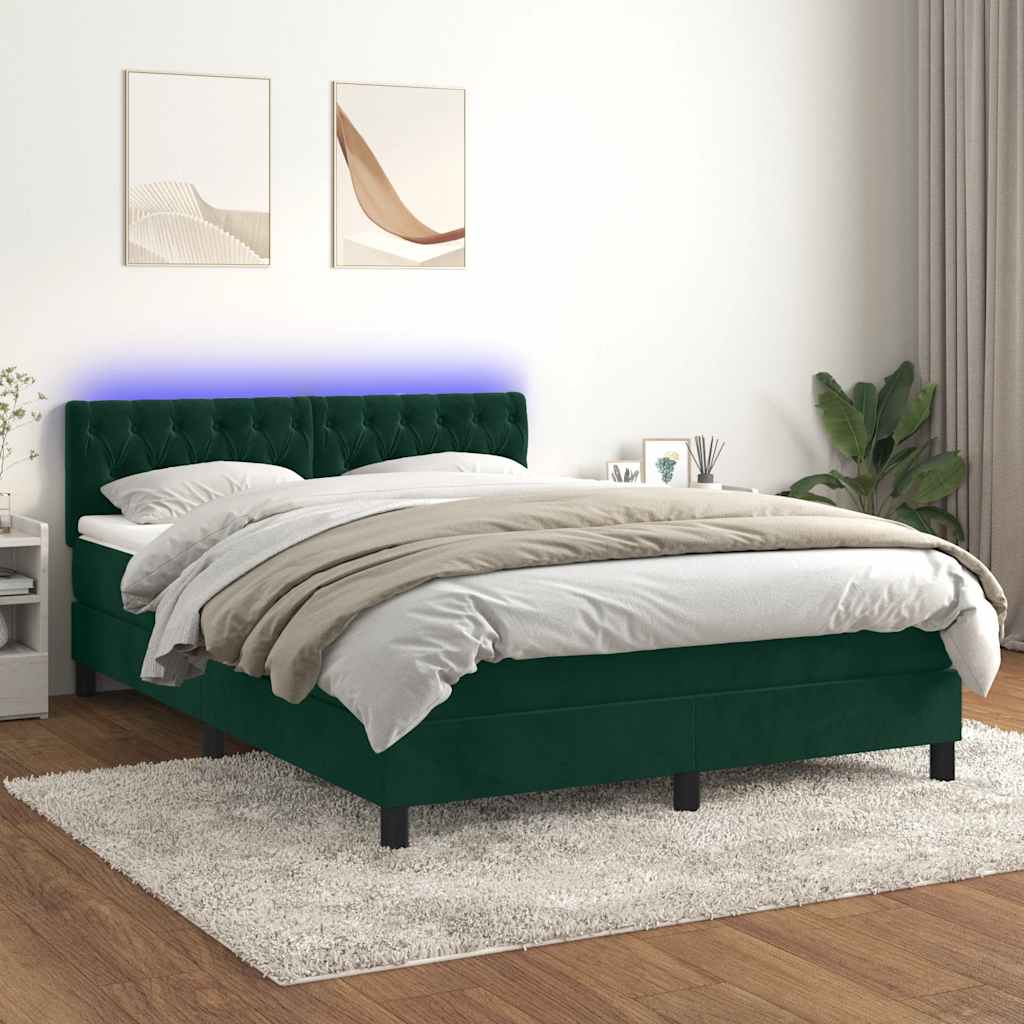 Krevet box spring s madracem LED tamnozeleni 140x190 cm baršun