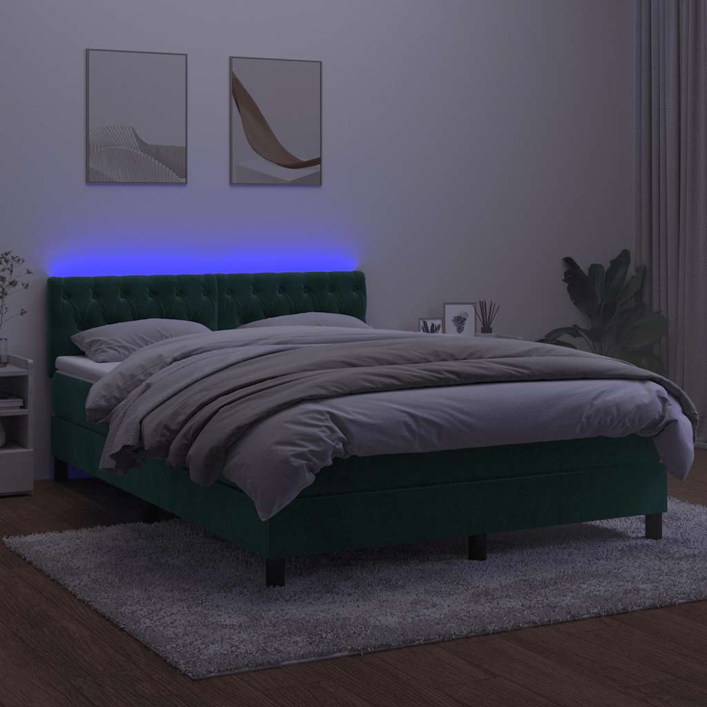 Krevet box spring s madracem LED tamnozeleni 140x200 cm baršun