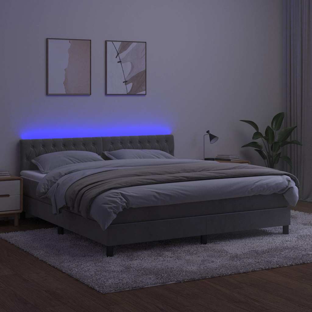 Krevet box spring s madracem LED svjetlosivi 160x200 cm baršun