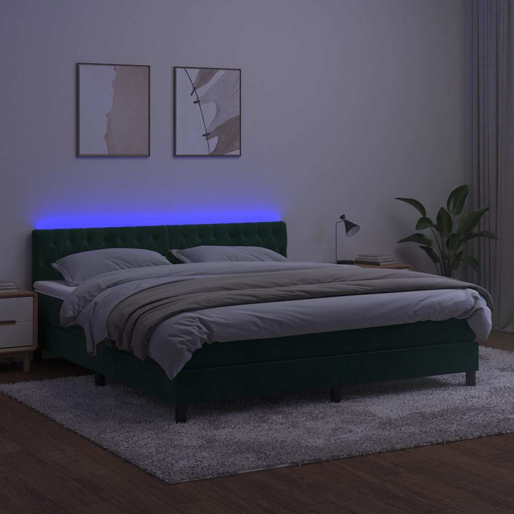 Krevet box spring s madracem LED tamnozeleni 160x200 cm baršun
