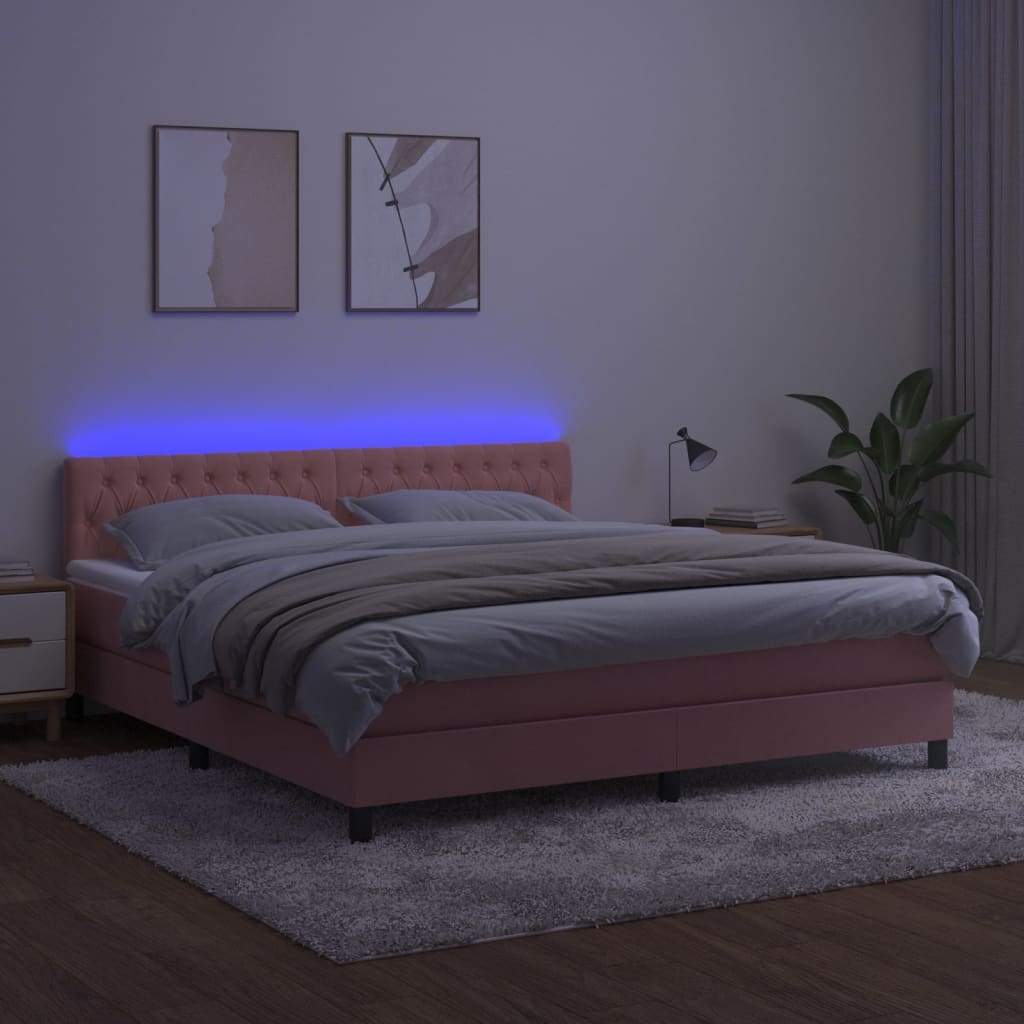 Krevet box spring s madracem LED ružičasti 160x200cm baršunasti