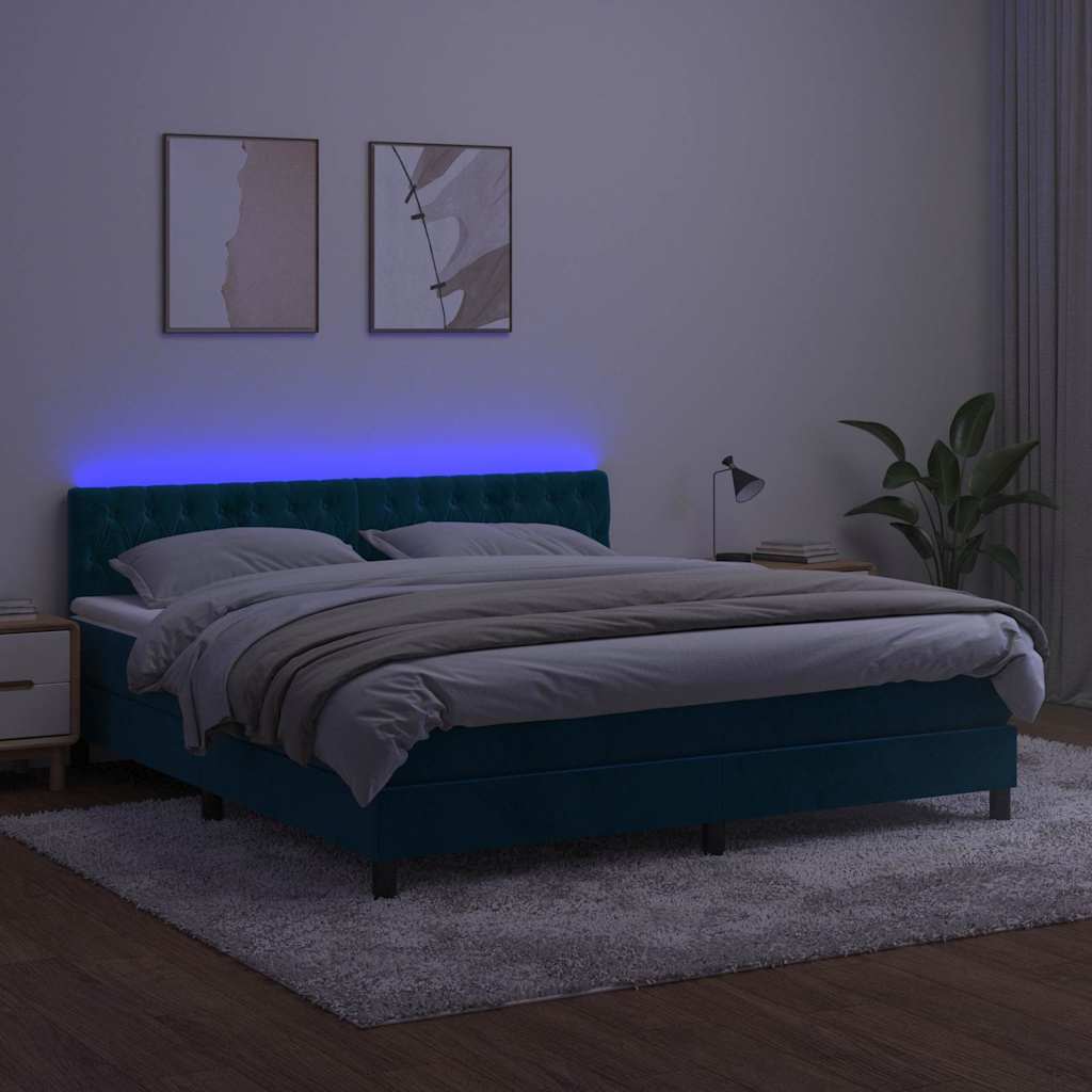 Krevet box spring s madracem LED tamnoplavi 180x200 cm baršun