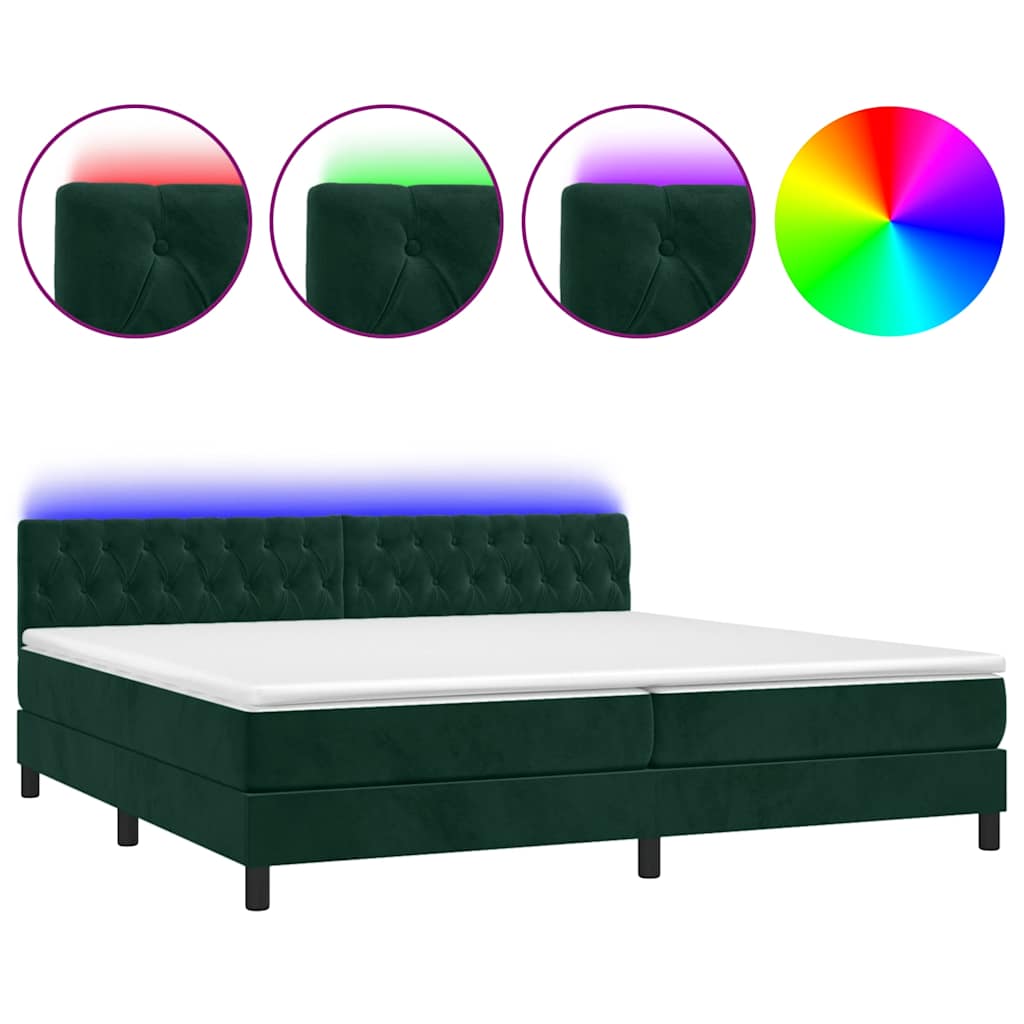 Krevet box spring s madracem LED tamnozeleni 200x200 cm baršun