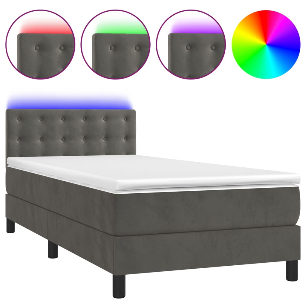 Krevet box spring s madracem LED tamnosivi 90x190 cm baršun