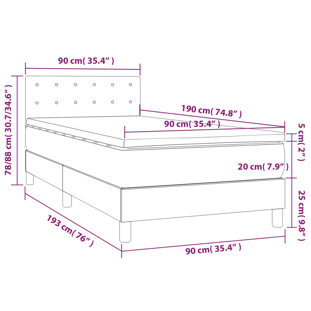 Krevet box spring s madracem LED tamnosivi 90x190 cm baršun