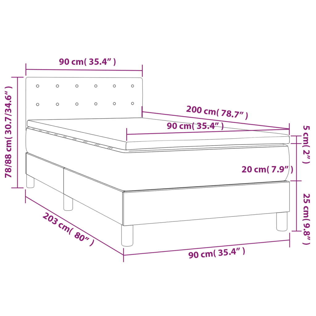 Krevet box spring s madracem LED tamnosivi 90x200 cm baršun