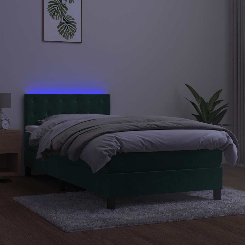 Krevet box spring s madracem LED tamnozeleni 90x200 cm baršun