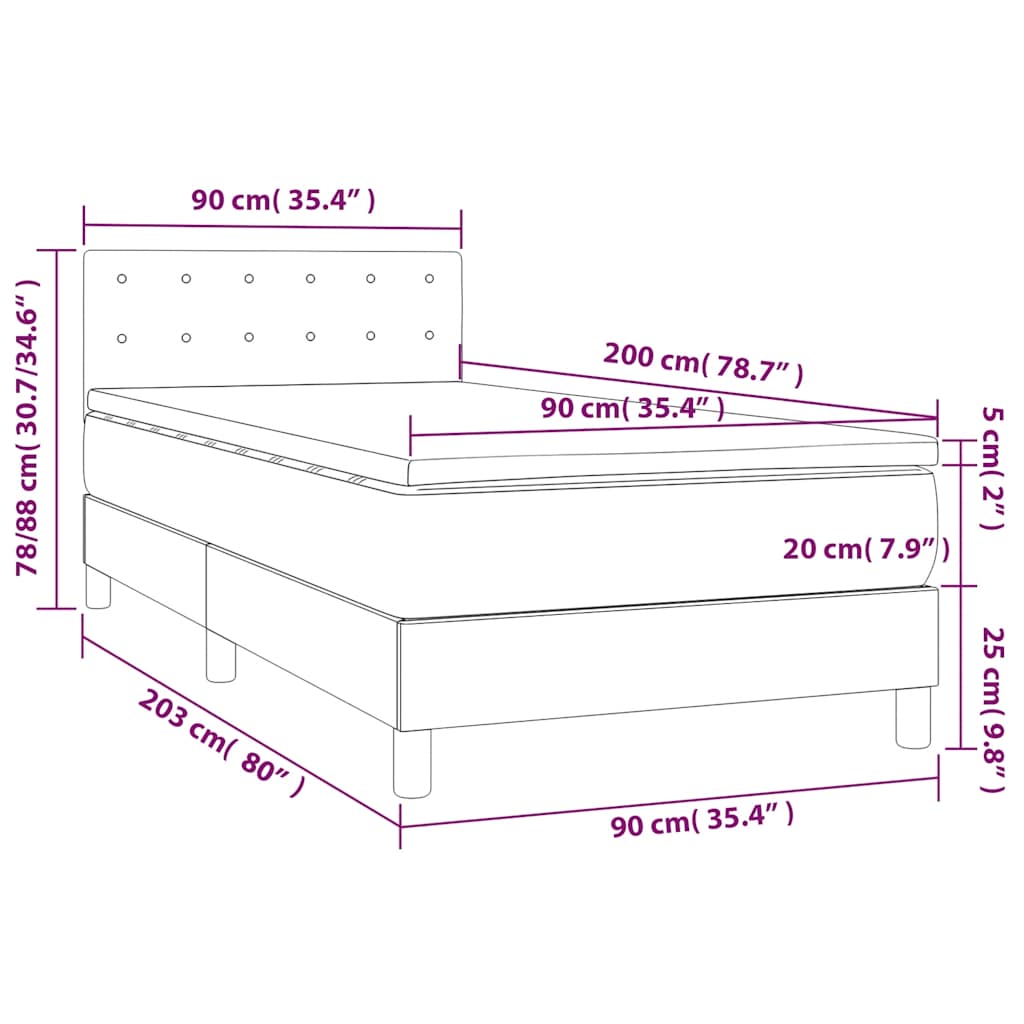 Krevet box spring s madracem LED tamnoplavi 90x200 cm baršun