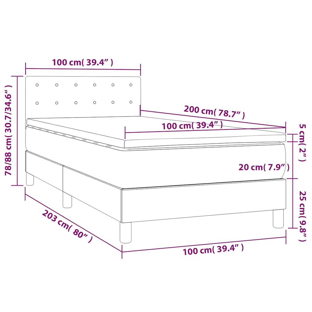 Krevet box spring s madracem LED crni 100x200 cm baršun