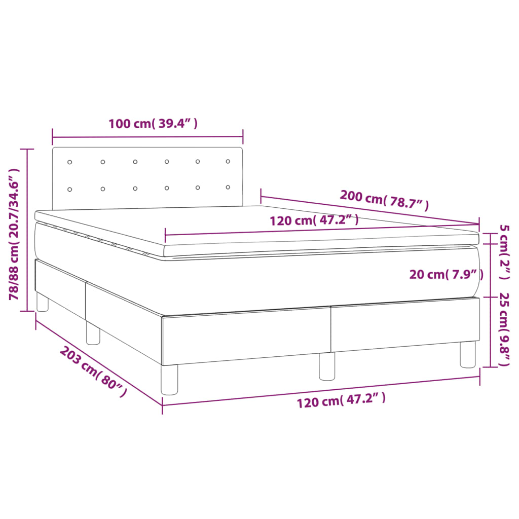 Krevet box spring s madracem LED svjetlosivi 120x200 cm baršun