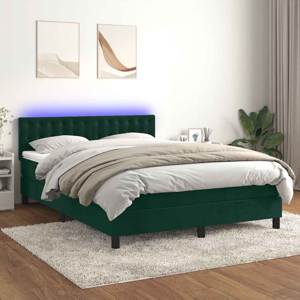 Krevet box spring s madracem LED tamnozeleni 140x190 cm baršun